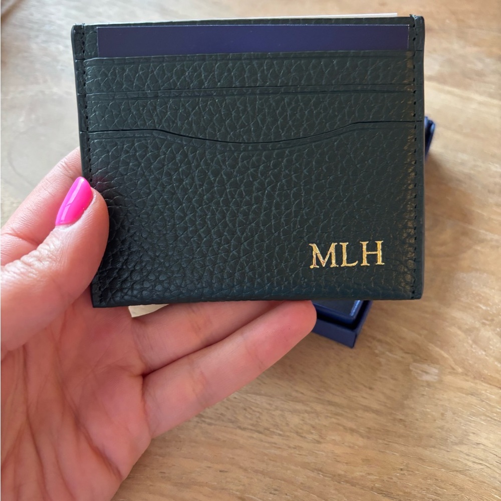 Brand New Monogrammed Dark Green Leather Card Holder Case